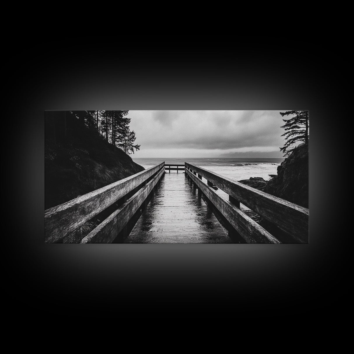 Rainy Dock View, Ocean Storm Mood, Moody Coastal Photo, Canvas Print, Living Room Wall Art, Black and White Nautical Decor, Rustic Coastal