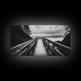 Rainy Dock View, Ocean Storm Mood, Moody Coastal Photo, Canvas Print, Living Room Wall Art, Black and White Nautical Decor, Rustic Coastal
