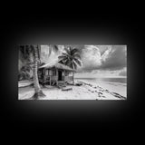 Tropical Hut, Palm Tree Scene, Island Escape Photo, Framed Canvas Print, Beach House Wall Art, Rustic Boho Coastal Decor, Nature Scene