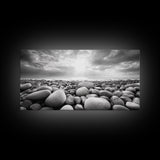 Pebble Beach Sunrise, Serene Rock Shore, Ocean Horizon Light, Framed Canvas Print, Bathroom Wall Art, Minimalist Coastal Decor
