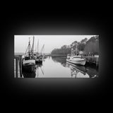Fishing Boats Docked, Quiet Harbor Scene, Nautical River View, Framed Canvas Print, Kitchen Wall Art, Rustic Coastal Decor, Lodge Wall Art