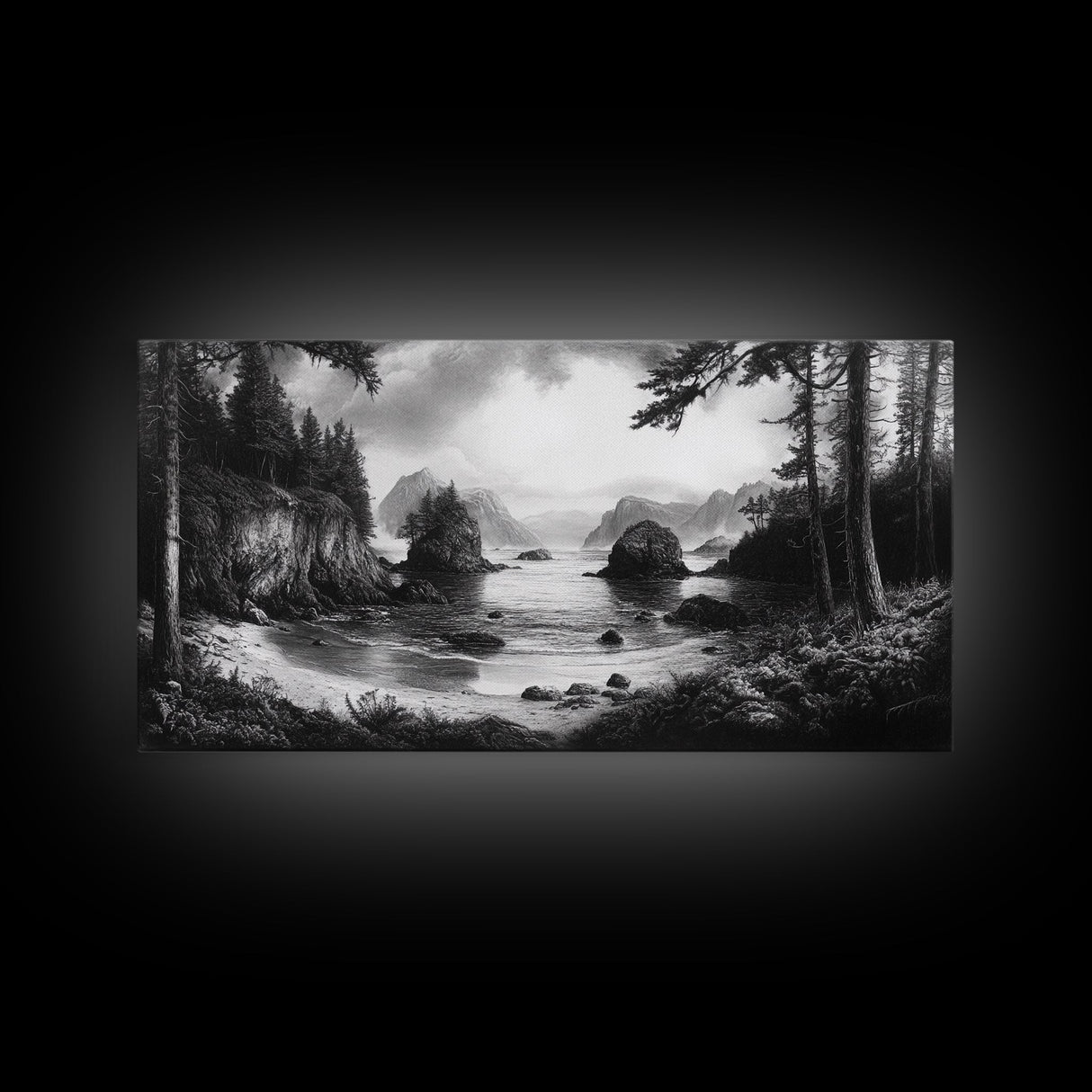 Coastal Forest View, Mountain Sea Horizon, Romantic Nature Scene, Framed Canvas Print, Living Room Wall Art, Vintage Landscape