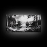 Coastal Forest View, Mountain Sea Horizon, Romantic Nature Scene, Framed Canvas Print, Living Room Wall Art, Vintage Landscape