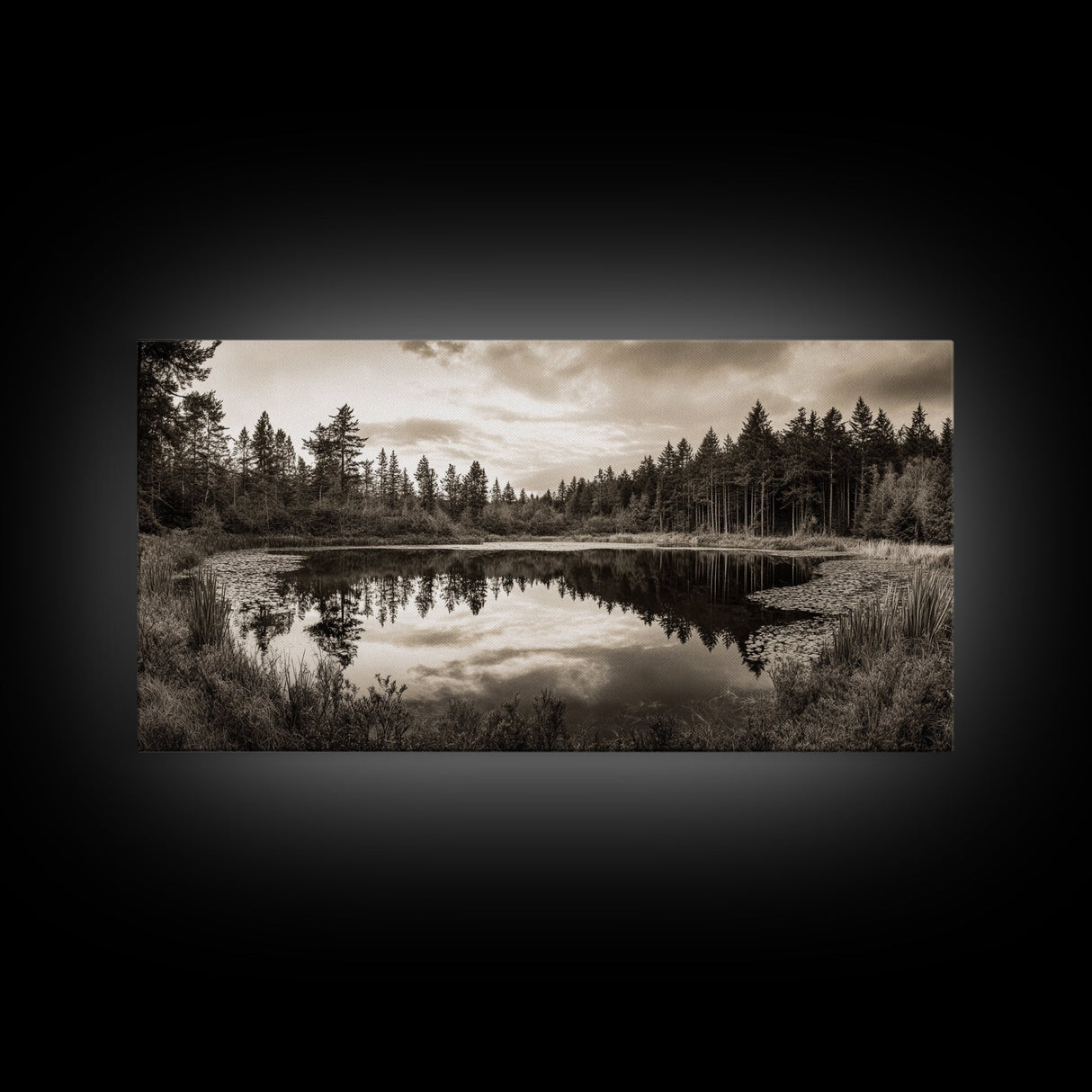 Forest Pond Reflection, Tranquil Lake Trees, Serene Nature Scene, Framed Canvas Print, Fall Wall Art, Rustic Cabin Decor, Living Room Wall Art