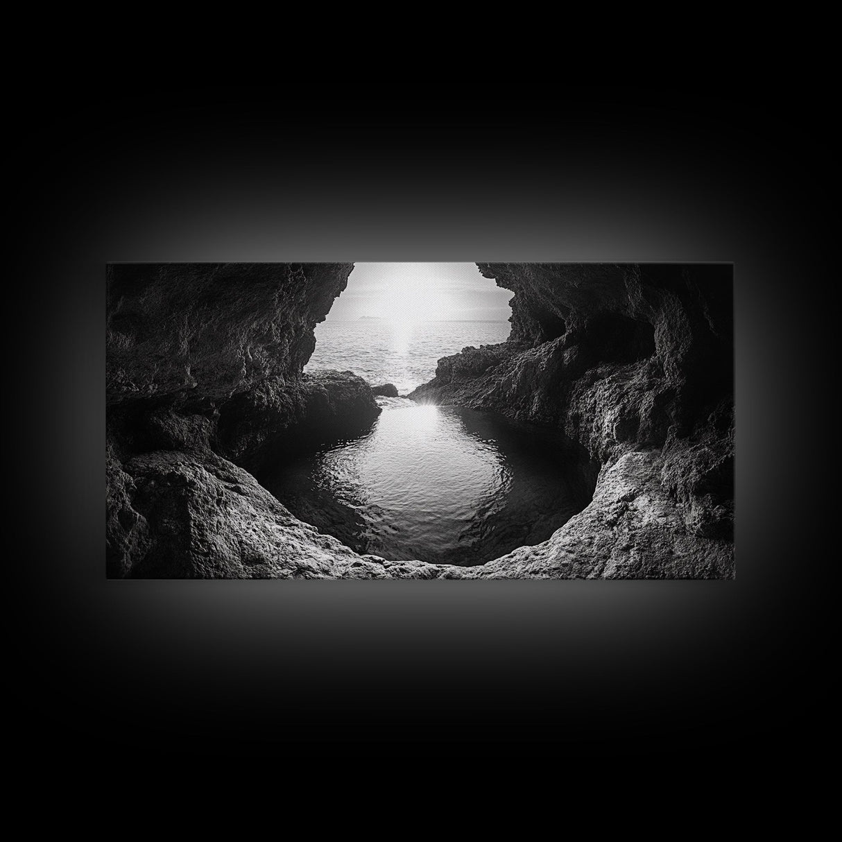 Ocean Cave Sunset, Seascape Art, Black and White Photography, Coastal Decor, Minimalist Style, Canvas Print, Bathroom Wall Art