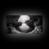 Ocean Cave Sunset, Seascape Art, Black and White Photography, Coastal Decor, Minimalist Style, Canvas Print, Bathroom Wall Art