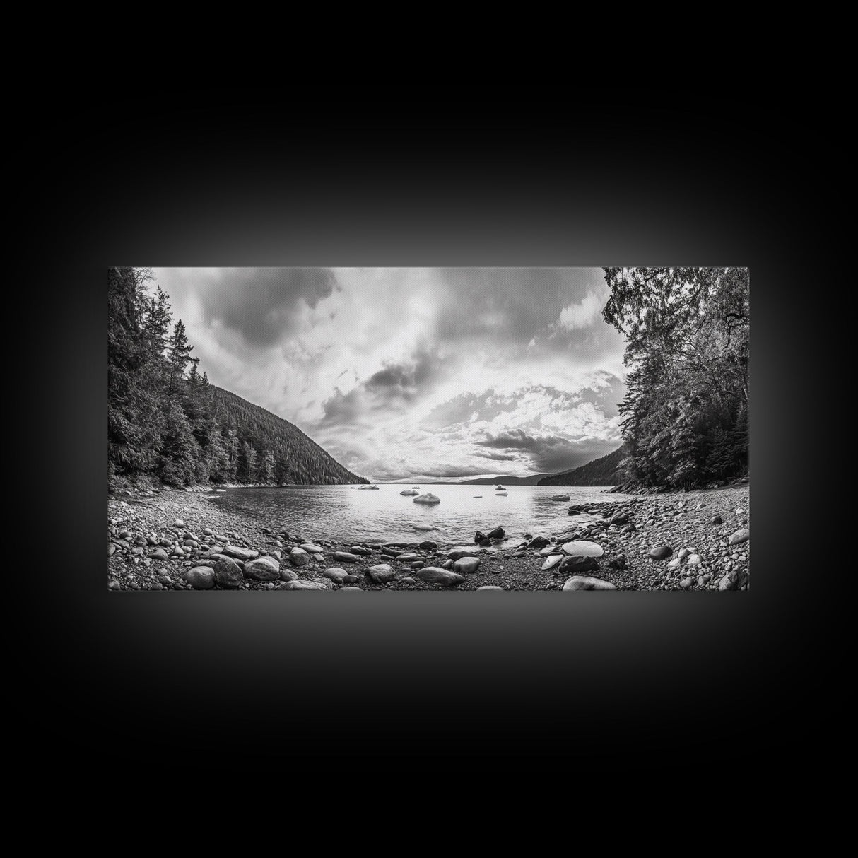 Forest Lake Serenity, Monochrome Nature, Tranquil Landscape, Canvas Print, Lodge Wall Art, Minimalist Cabin Decor, Black White