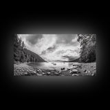 Forest Lake Serenity, Monochrome Nature, Tranquil Landscape, Canvas Print, Lodge Wall Art, Minimalist Cabin Decor, Black White