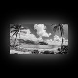 Tropical Beach View, Palm Tree Paradise, Black and White Island, Coastal Wall Decor, Canvas Print, Boho Living Room Art, Office Wall Art