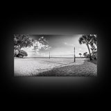 Volleyball Net, Coastal Leisure Scene, Bright Beach Vibe, Framed Canvas Print, Game Room Wall Art, Sporty Summer Beach Style
