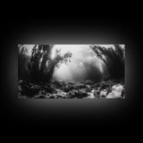 Kelp Forest Rays, Underwater Light, Black and White Ocean Scene, Framed Canvas Print, Nature Wall Art, Coastal Bathroom Decor