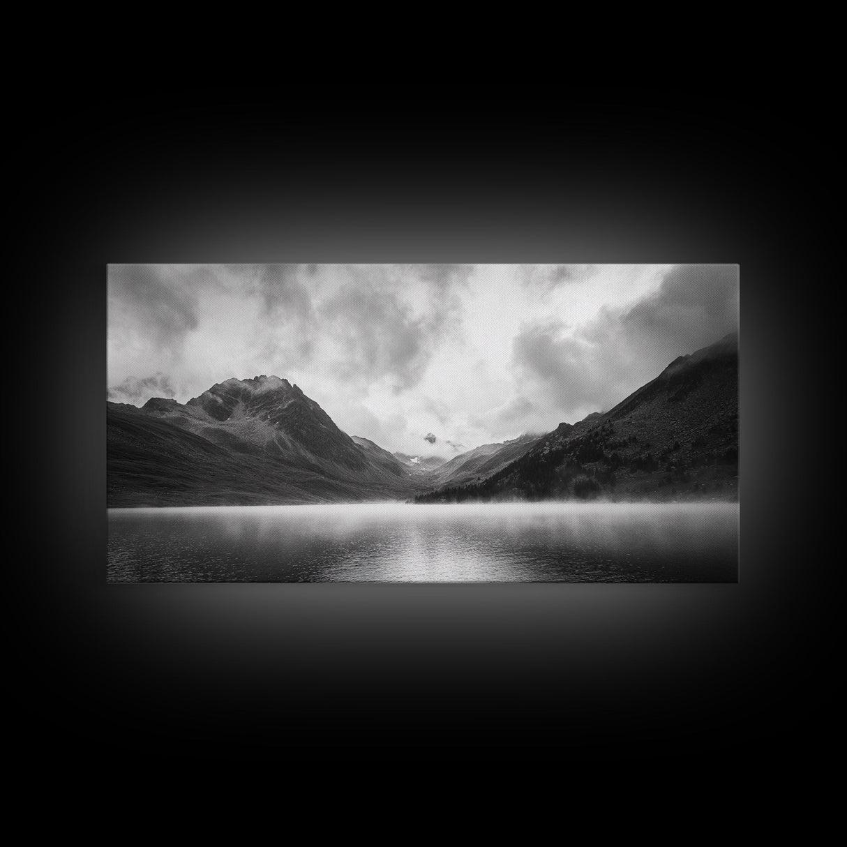 Mountain Lake, Misty Valley, Nature Serenity, Moody Landscape, Framed Canvas Print, Living Room Wall Art, Rustic Cabin Aesthetic