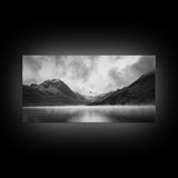 Mountain Lake, Misty Valley, Nature Serenity, Moody Landscape, Framed Canvas Print, Living Room Wall Art, Rustic Cabin Aesthetic