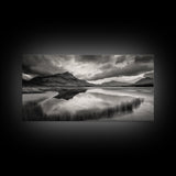 Reflected Mountains, Serene Shore, Cloudy Sky, Lake View, Canvas Print, Bedroom Wall Art, Minimalist Landscape Art, Tranquil Decor