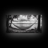 Hammock Lake, Restful Retreat, Trees Framing, Relax Mood, Framed Canvas Print, Bedroom Wall Art, Slow Living Style, Boho Natural Art