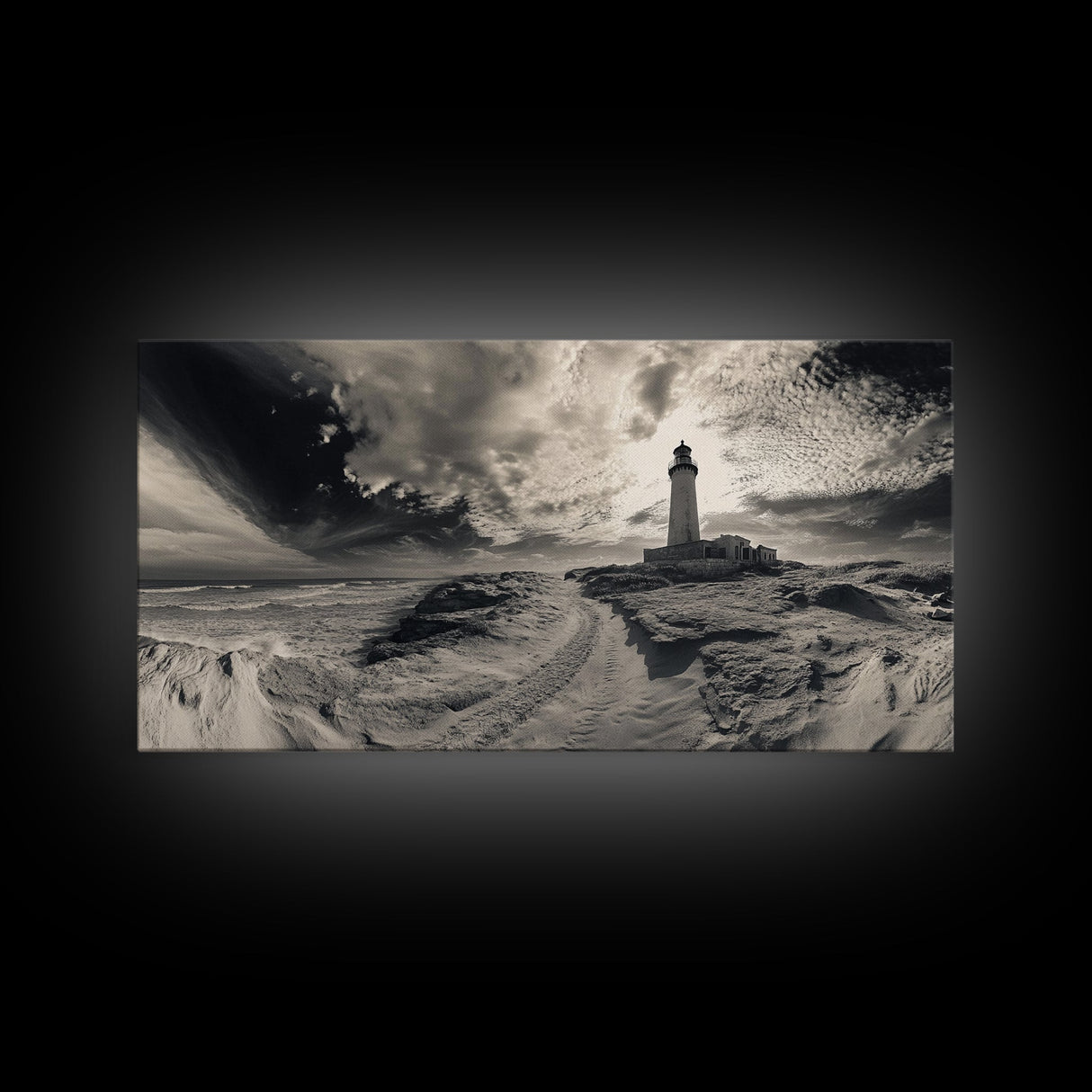 Lighthouse Path, Stormy Beach, Moody Coastline, Wall Decor, Framed Canvas Print, Coastal Wall Art, Rustic Bathroom, Nautical Style Print