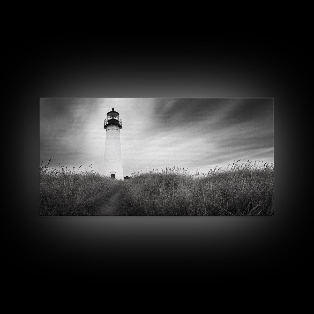 Lighthouse Grass, Seaside Tower, Stormy Sky, Black White, Framed Canvas Print, Beach Bathroom Art, Minimalist Decor, Nautical Print