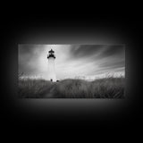 Lighthouse Grass, Seaside Tower, Stormy Sky, Black White, Framed Canvas Print, Beach Bathroom Art, Minimalist Decor, Nautical Print