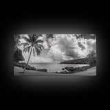 Tropical Coast, Palm Beach, Island View, Cloudy Sky, Framed Canvas Print, Coastal Living Room Art, Beach Wall Decor, Summer Style