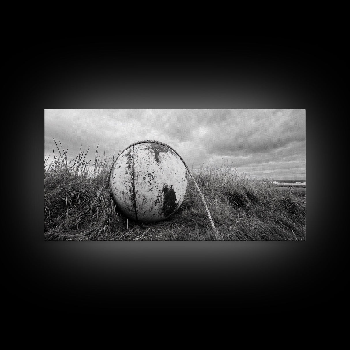Coastal Buoy, Nautical Sphere, Fishing Rope, Beach Grass, Framed Canvas Print, Coastal Bathroom Art, Seaside Wall Decor, Rustic Style