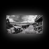 Beach Boardwalk, Coastal Restaurant, Moody Seaside View, Framed Canvas Print, Kitchen or Bar Wall Art, Rustic Autumn Decor
