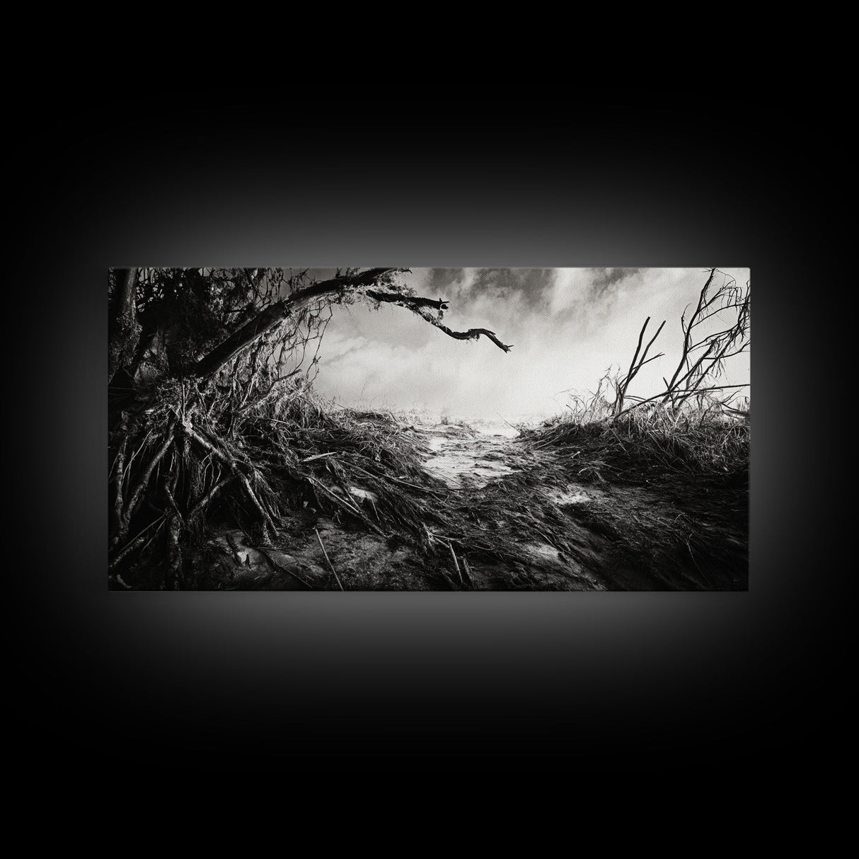 Stormy Shore, Erosion Roots, Driftwood Beach, Nature Drama, Framed Canvas Print, Moody Wall Art, Fall Living Room Decor, Dark Rustic Style