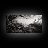 Stormy Shore, Erosion Roots, Driftwood Beach, Nature Drama, Framed Canvas Print, Moody Wall Art, Fall Living Room Decor, Dark Rustic Style