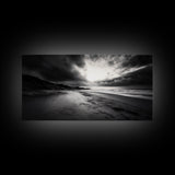Stormy Coast, Dramatic Sky, Ocean Dusk, Monochrome Landscape, Framed Canvas Print, Bedroom Wall Art, Minimalist Coastal Decor