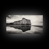 Cliff Reflection, Coastal Monolith, Seashore Beauty, Sunset Vibes, Framed Canvas Print, Living Room Art, Minimalist Beach Scene