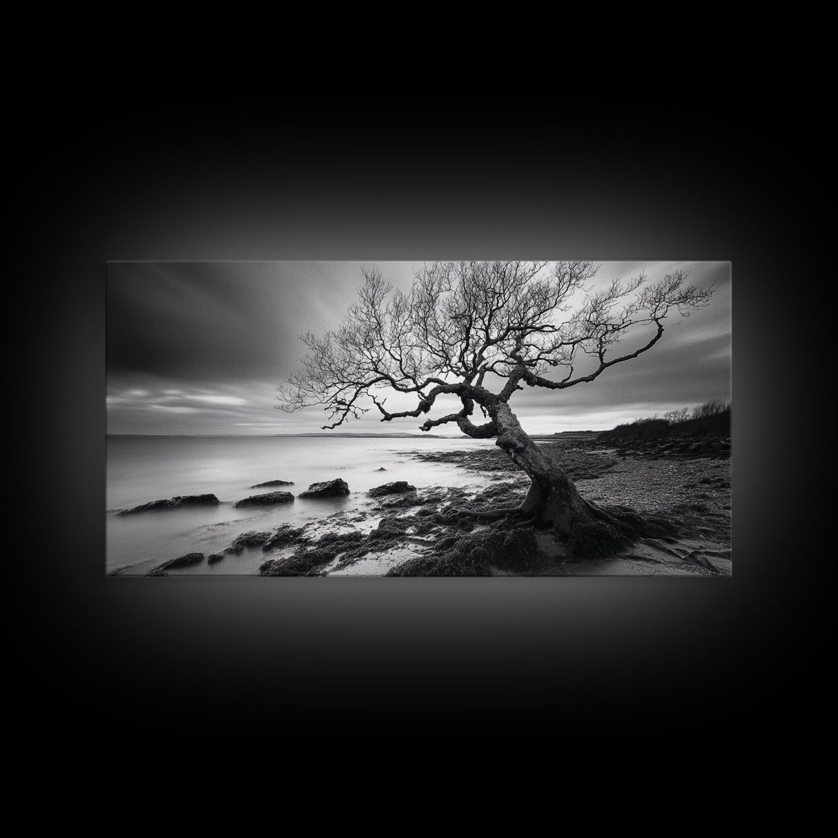 Coastal Tree, Tidal Shore, Windswept Beauty, Natural Balance, Framed Canvas Print, Bedroom Wall Art, Boho Decor, Serene Seascape