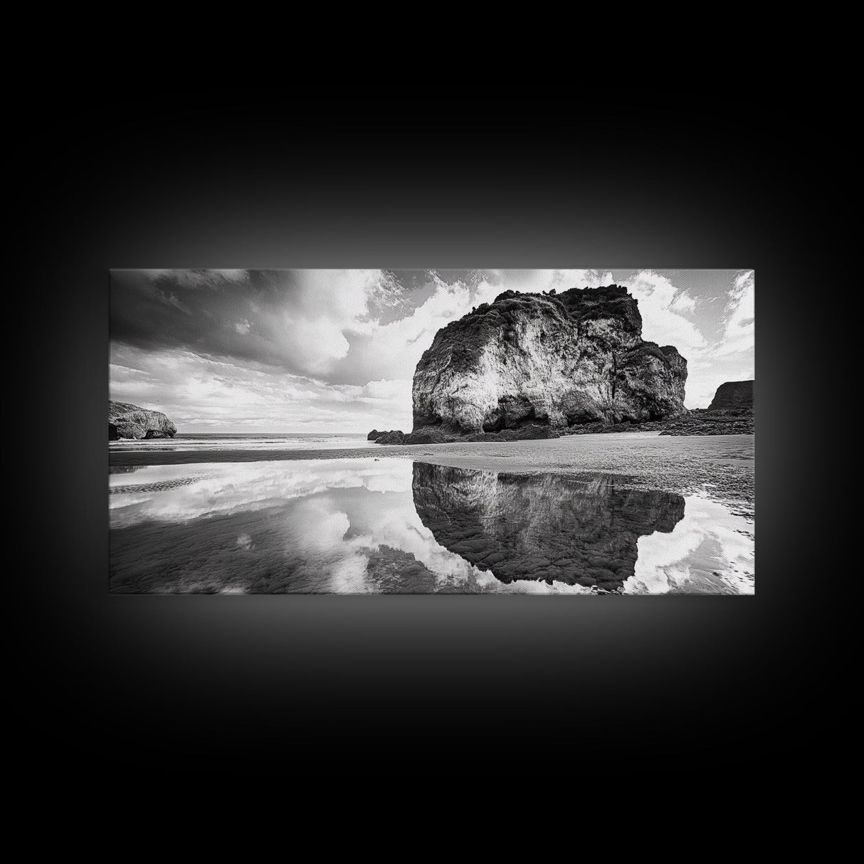 Beach Reflection, Seaside Rock, Cloudy Horizon, Coastal View, Framed Canvas Print, Minimalist Wall Art, Bathroom Ocean Decor