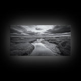Marshland Serenity, River Flow, Cloudy Mood, Nature Calm, Framed Canvas Print, Coastal Wall Art, Bathroom Tranquil Landscape