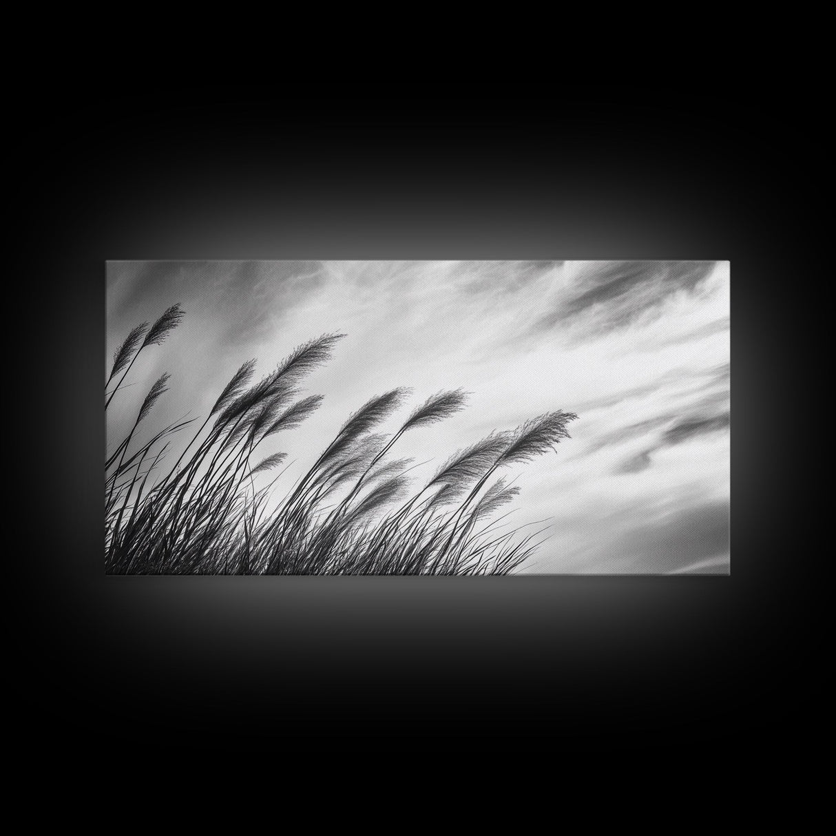 Pampas Grass, Wind Blown, Sky Motion, Autumn Field, Framed Canvas Print, Boho Wall Art, Bedroom Fall Botanical Decor, Living Room Decor