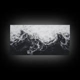 Ocean Texture, Crashing Waves, Abstract Sea, Monochrome Motion, Framed Canvas Print, Coastal Wall Art, Bathroom Minimalist Decor