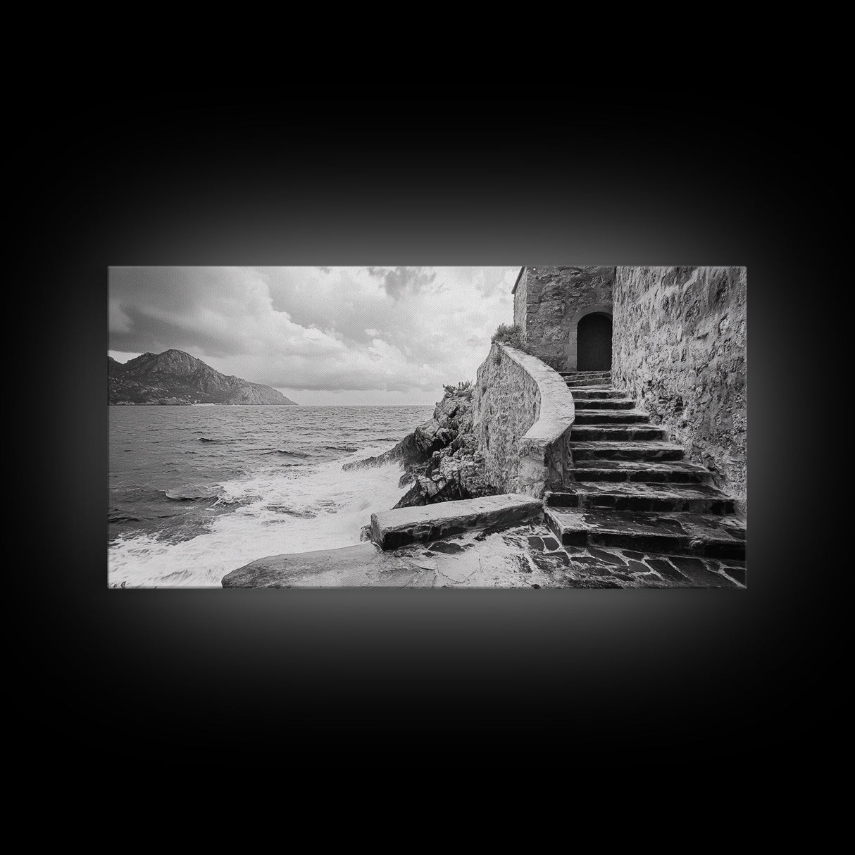 Stone Stairway, Ocean Cliff, Coastal Architecture, Mediterranean Charm, Framed Canvas Print, Rustic Wall Art, Entryway Travel Decor