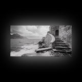 Stone Stairway, Ocean Cliff, Coastal Architecture, Mediterranean Charm, Framed Canvas Print, Rustic Wall Art, Entryway Travel Decor