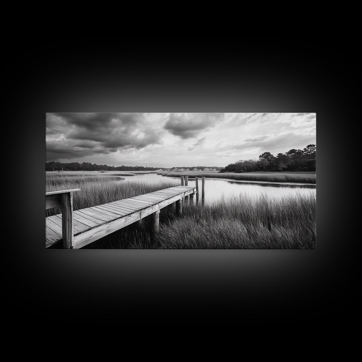 Marsh Dock Scene, Tranquil Water Landscape, Rustic Pier Canvas Print, Black and White Nature, Entryway Art, Coastal Country Home Decor
