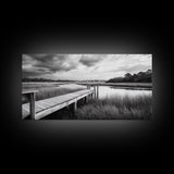 Marsh Dock Scene, Tranquil Water Landscape, Rustic Pier Canvas Print, Black and White Nature, Entryway Art, Coastal Country Home Decor