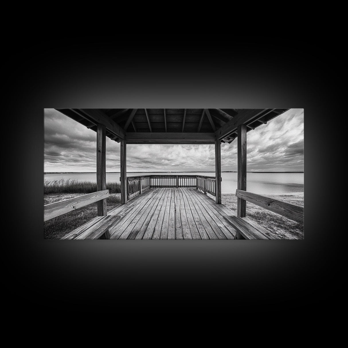 Gazebo By Water, Serene Lake View, Rustic Deck Canvas Print, Minimalist Landscape Wall Art, Neutral Bedroom, Tranquil Home Decor