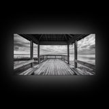Gazebo By Water, Serene Lake View, Rustic Deck Canvas Print, Minimalist Landscape Wall Art, Neutral Bedroom, Tranquil Home Decor