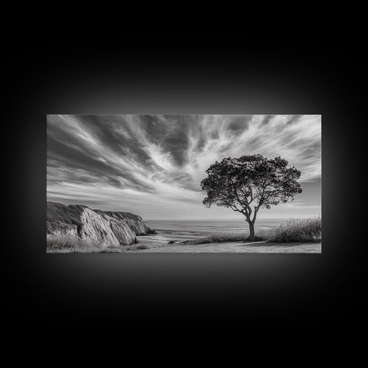 Coastal Tree Cliff, Ocean Breeze Scene, Scenic Nature Vibes, Framed Canvas Print, Boho Bedroom or Serene Living Room Wall Art
