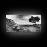 Picnic Table View, Coastal Meadow Scene, Tree and Cliff Horizon, Framed Canvas Print, Relaxing Kitchen or Outdoor Patio Wall Art