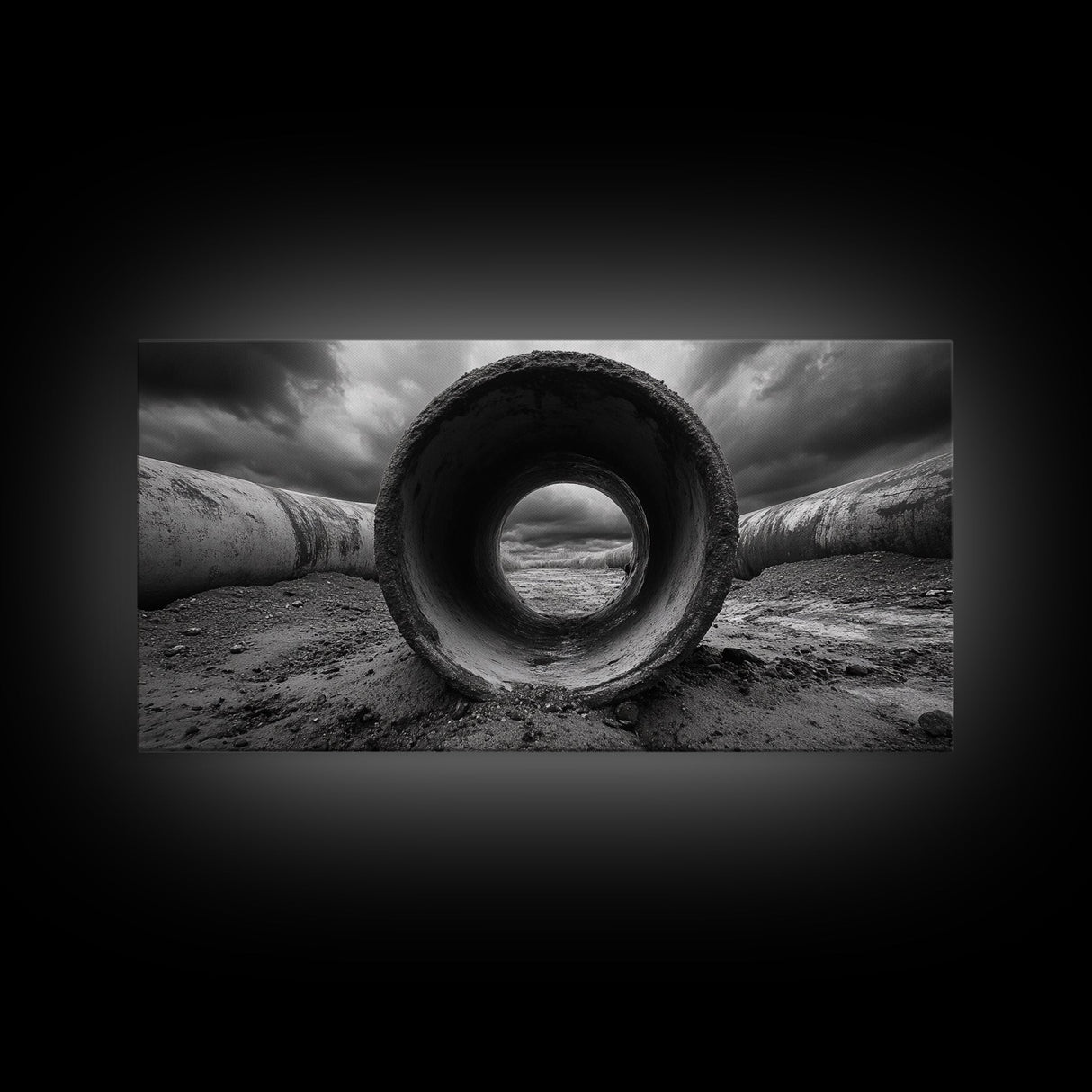 Storm Drain Pipe, Industrial Perspective, Moody Cloudscape, Framed Canvas Print, Urban Loft Decor or Dramatic Modern Wall Art