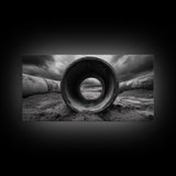 Storm Drain Pipe, Industrial Perspective, Moody Cloudscape, Framed Canvas Print, Urban Loft Decor or Dramatic Modern Wall Art