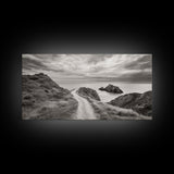 Coastal Cliff Path, Ocean View Trail, Windswept Grass Art, Seaside Wall Decor, Framed Canvas Print, Bedroom Art, Nature Lover Gift