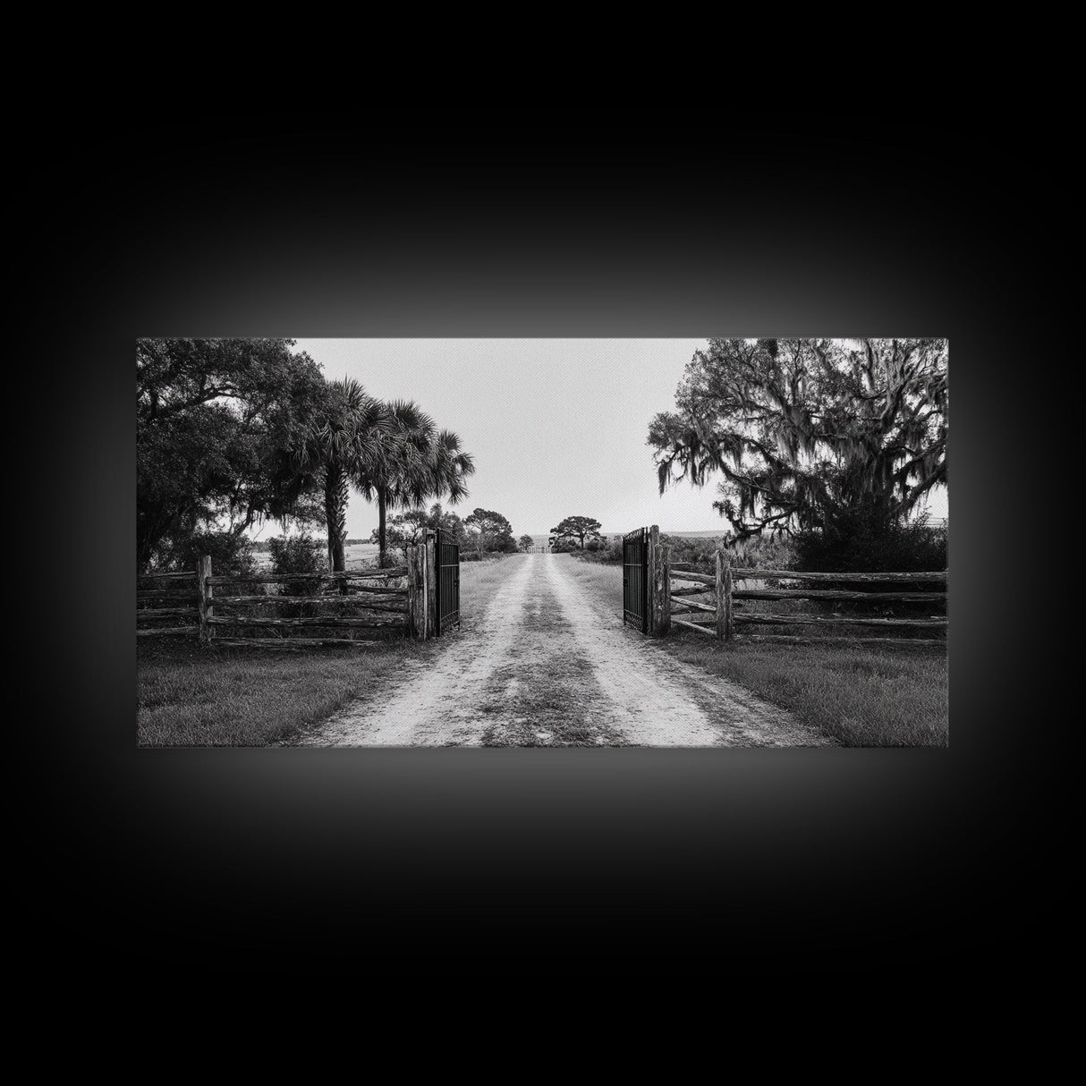 Rustic Gate Trail, Southern Country Road, Tree-Lined Entry, Framed Canvas Print, Farmhouse Style, Entryway or Office Wall Art