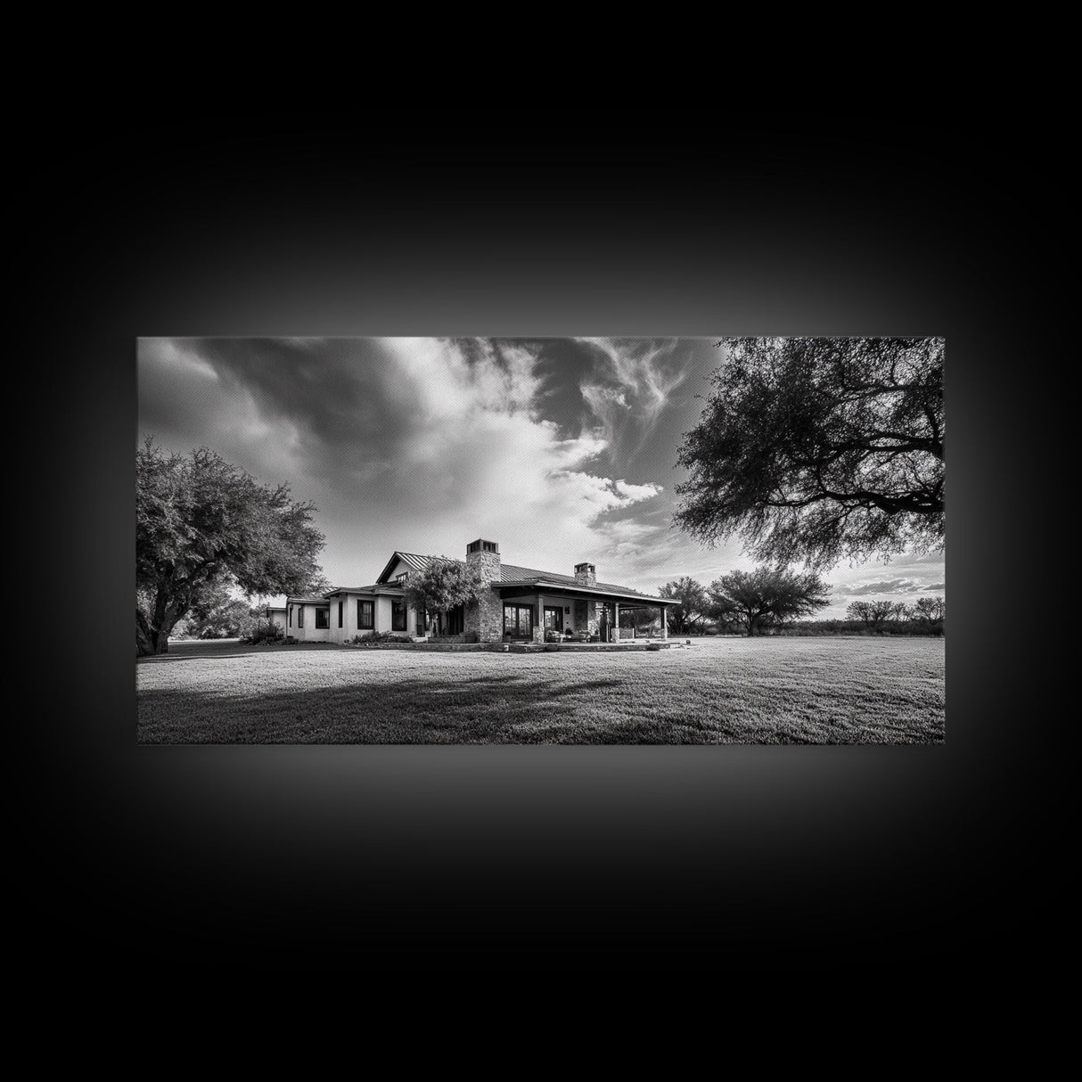 Southwestern Ranch Home, Texas House Scene, Peaceful Rural Living, Framed Canvas Print, Rustic Landscape Art, Living Room Decor