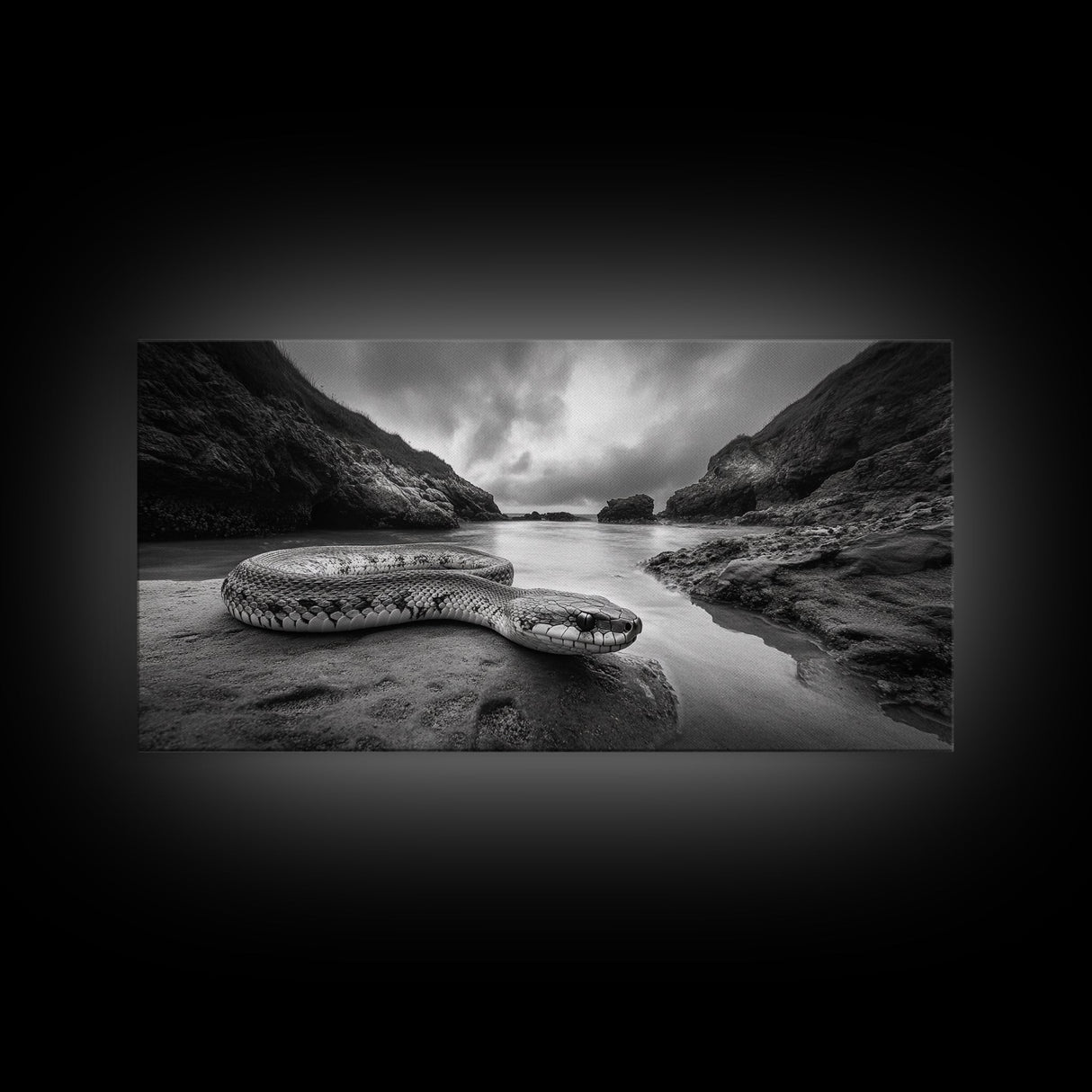 Ocean Snake Landscape, Coastal Creature Scene, Black and White Reptile, Framed Canvas Print, Moody Art, Bedroom or Den Decor
