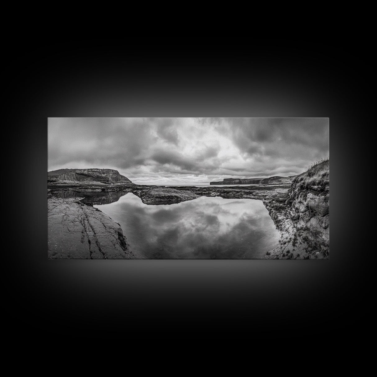 Reflected Cliffs, Stormy Sky, Coastal View, Dramatic Landscape, Canvas Print, minimalist art, office decor, moody black and white wall art