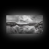 Reflected Cliffs, Stormy Sky, Coastal View, Dramatic Landscape, Canvas Print, minimalist art, office decor, moody black and white wall art
